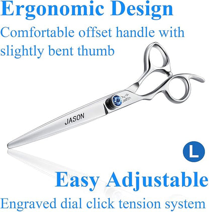 JASON Left Handed 7" Straight Dog Grooming Scissors, Premium Cats Grooming Shears Pets Trimming Kit with Offset Handle and a Jewelled Screw, Sharp, Comfortable Christmas Gift