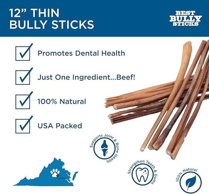 Best Bully Sticks 12 Inch Thin Bully Sticks for Dogs - 24 Count (Pack of 1) - Natural Grain and Rawhide Free, Puppies, Seniors, Small Breeds