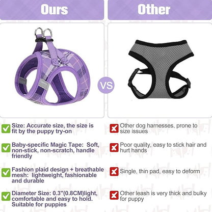 BEAUTYZOO Small Dog Harness and Leash Set,Step in No Choke No Pull Soft Mesh Dog Harnesses Reflective for Extra-Small Medium Puppy Dogs and Cats, Plaid Dog Vest Harness for XS S Pets, Purple XS