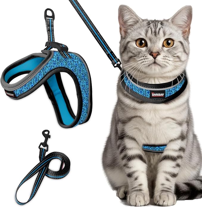 Cat Harness and Leash Set,Escape Proof Kitten Harness,Step in Adjustable Soft Lightweight,Easy Control,Reflective Strips Comfortable for Walking Travel(Blue/Black,XS)