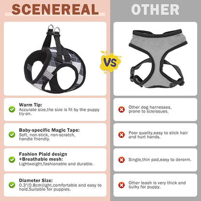 SCENEREAL Small Dog Harness and Leash Collar Set, Step in No Pull Soft Mesh Dog Harnesses for Small Medium Sized Dogs Puppy and Cats Outdoor Walking, No Chock Reflective Vest Harness, Black Plaid XS