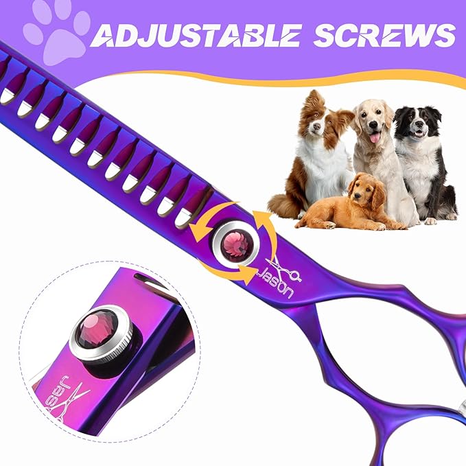 JASON Dog Scissors for Grooming - 7.5" Chunker Scissors for Dog Grooming, Japanese 440C Stainless Steel Chunking Shears with Diamond Adjustable Screw (18 Teeth, Purple) Christmas Gift