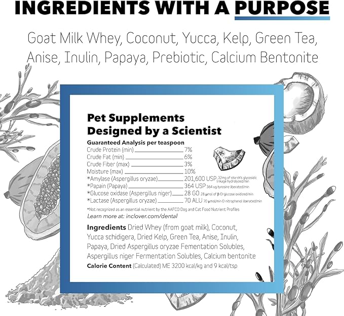 InClover Dog and Cat Dental Powder for Teeth Cleaning and Enamel and Gum Health, Natural Pet Supplement, Breath Freshener - Naturally Flush Away Tartar, No Brushing Necessary