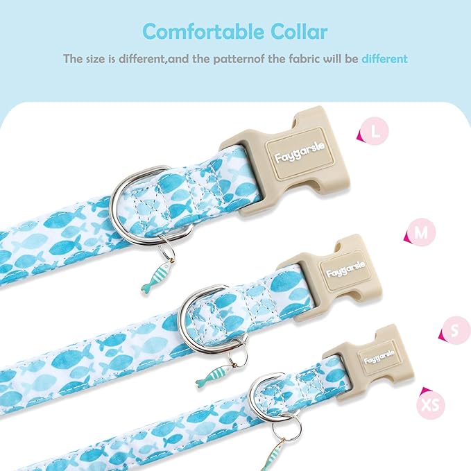Faygarsle Fish Pattern Dog Collar, Adjustable with Buckle, Blue and White, Summer Design for Small Medium Large Dogs S
