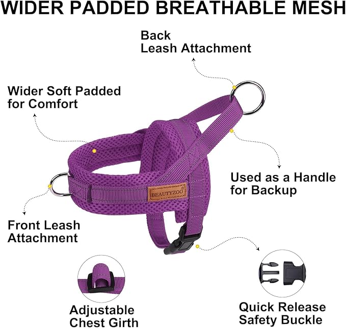 BEAUTYZOO No Pull Dog Harness Medium Sized Dog, Breathable Mesh Padded Dog Harness and Leash Set, Adjustable Reflective Escape Proof Dog Vest Harnessss Quick Fit for Training Walking, Purple M