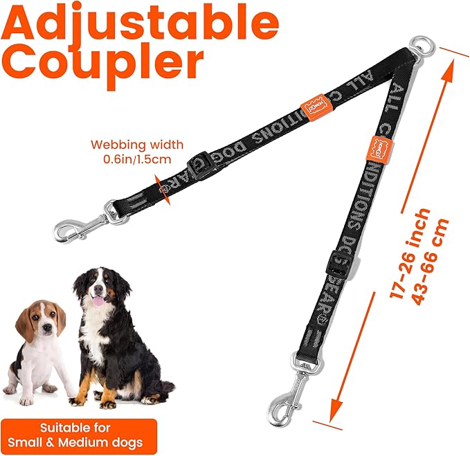 HOWGO Double Dog Leash, No Tangle 360° Swivel, Adjustable Two Padded Handles, Double Clip Dog Leash Coupler Splitter for 0~50 lbs Small and Medium Breeds (Black, 2/3'' x 0.9 FT, Ultralight)