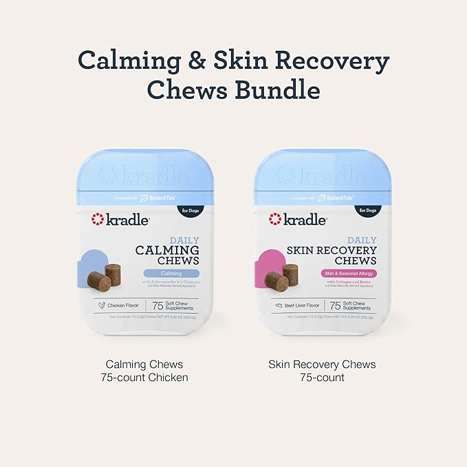 Kradle Calming & Skin Chews for Dogs - 2 Pack (75 Each) - L-Theanine GABA + Biotin Collagen - Occasional Anxiety Support & Soothes Environmental Skin Irritation