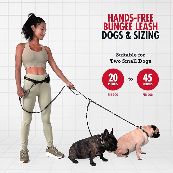Tuff Pupper Heavy Duty Hands Free Dog Leash | Two Small/Medium Dogs Up to 90 lbs | Comfortable Shock Absorbing Bungee | Reflective Padded Handles | Lumbar Waist Belt 26-38" | Jogging Running Leash