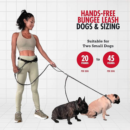 Tuff Pupper Heavy Duty Hands Free Dog Leash | Two Small/Medium Dogs Up to 90 lbs | Comfortable Shock Absorbing Bungee | Reflective Padded Handles | Lumbar Waist Belt 26-38" | Jogging Running Leash