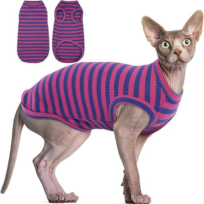BRKURLEG Sphynx Hairless Cats Shirt Puppy Clothes Soft Cotton T-Shirts Cute Cats Pajamas Cat Stripes Vest Pet Sweater, Round Collar Vest Kitten Shirts(PinkBlue Stripes, XL)