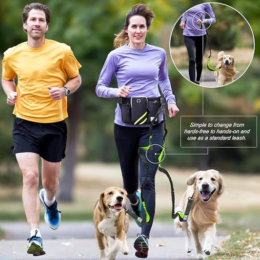 SHINE HAI Retractable Hands Free Dog Leash with Dual Bungees for 2 Dogs, Adjustable Waist Belt, Reflective Stitching Leash for Running Walking Hiking Jogging Biking Black - Green