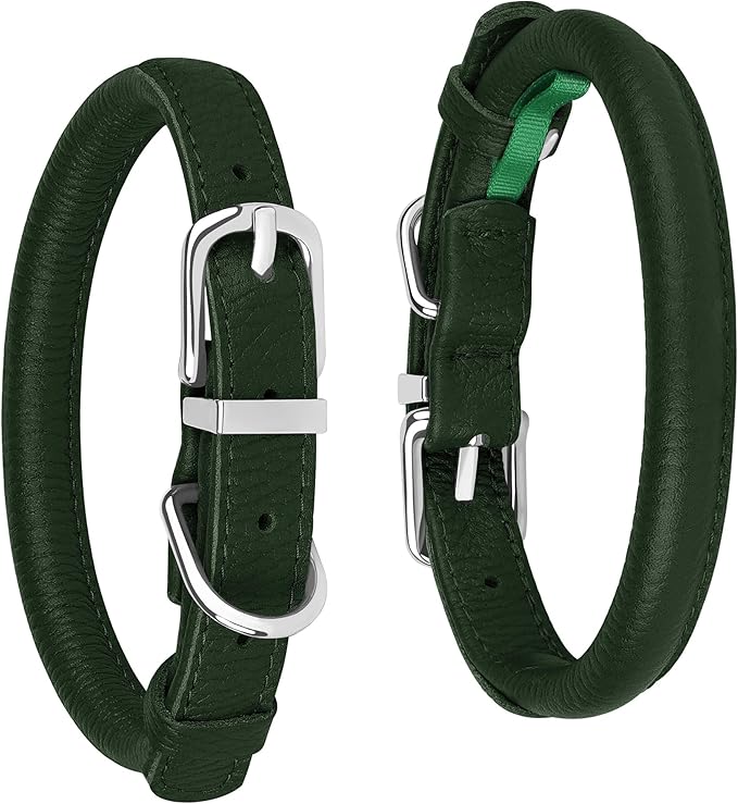 OOPSDOGGY Rolled Leather Dog Collar Soft Roll Collars for Small Medium Large Dogs Puppy (Green, XS, 8"-11")