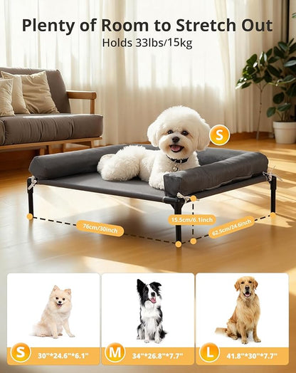 Cooling Elevated Dog Bed, 24.6x30 Raised Dog Bed with Removable Bolster Cushion, Breathable Mesh, Non-Slip Feet, and Metal Frame for Small Breeds Indoor Outdoor
