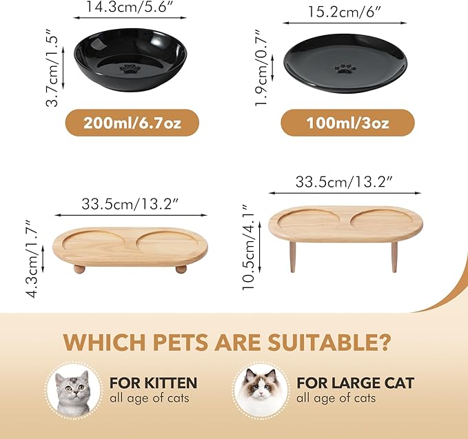 Havniva Raised Ceramic Cat Dishes, Food& Water Bowl with 2 Style Stand Adjustable Raised Pet Bowl Set, Anti Whisker Fatigue(2Dish+2Shallow Dish+Stand, Black