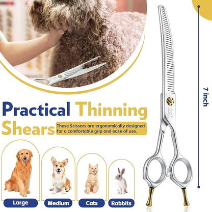 JASON Dog Thinners for Grooming - 7" Down-curved Blender Scissors with 30%-35% Thinning Rate, Japanese 440C Stainless Steel Dog Grooming Thinning Shears with Adjustable Screw (40 Teeth, Silver) Gift