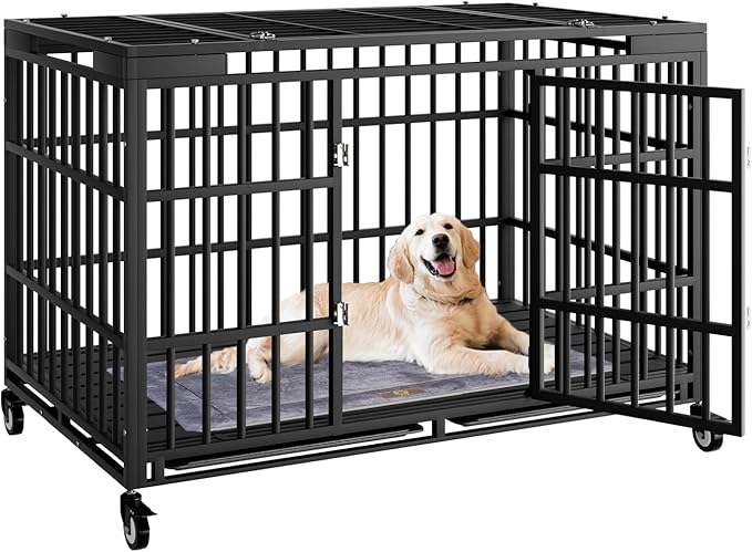 Snuowu 54 Inch Heavy Duty Dog Crate with Wheels，Indestructible Escape-Proof Dog Cage for Large Dogs, Extra Large XL XXL Indestructible Dog Crate with Removable Tray.