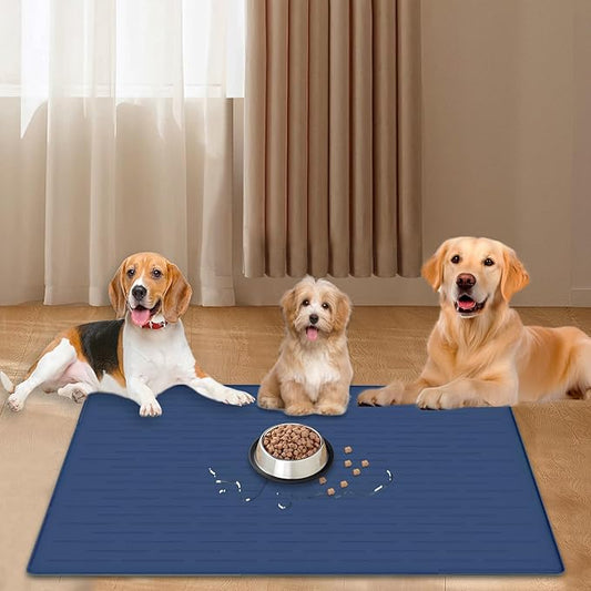 40"x30" Extra Large Silicone Pet Food Mat, XXL Pet Feeding Mat with Raised Edges, Waterproof Dog Bowl Mat for Food and Water, Cat and Dog Placemat for Floors, Dark Blue