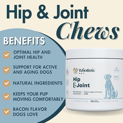 Wholistic Pet Hip & Joint Supplement for Dogs - MSM, Glucosamine, Chondroitin for Dogs - Dog Joint Supplement for Support & Relief from Discomfort - Bacon - 90 Mobility Chews