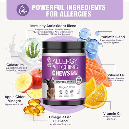 Dog Allergy Chews 200ct - Dog Allergy and Itching Skin Relief Anti Itch Aller Immune Bites for Dogs licking Paws Treatment Relief Itchy Chew Probiotics Vitamins for Skin and Coat Allergies - Chicken