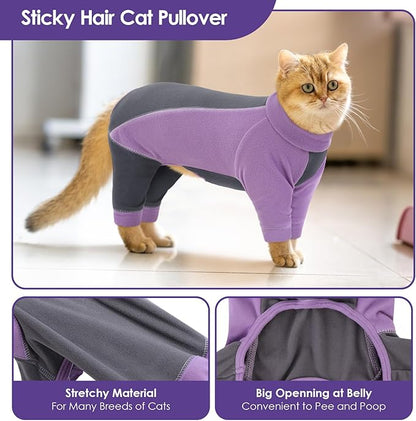 SUNFURA Hair Sticky Cat Clothes, Cat Sweater for Cats Only, 4-Legged Fleece Sweaters Kitten Pajamas Reduce Shedding Fur, Warm Pullover Shirts for Cats, Purple L