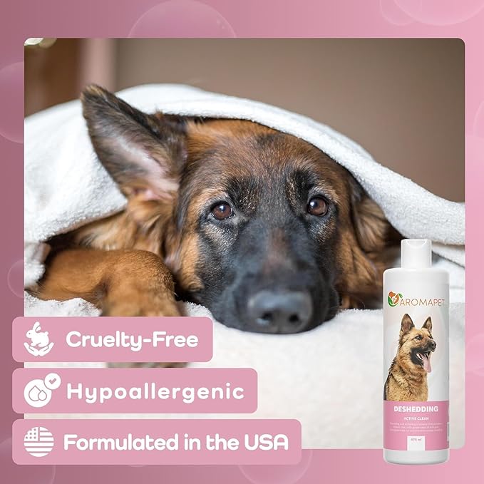 Deshedding Active Clean Dog Shampoo - Deodorizing Dogs Shampoo with Aloe, Argan Oil, Chamomile - Great for German Shepherds & Double Coats - Gentle, Hypoallergenic Dog Shampoo - 475mL