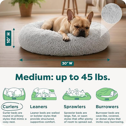 Furhaven 30" Round Calming Donut Dog Bed for Medium/Small Dogs, Refillable w/ Removable Washable Cover, Up to 45 lbs - Shaggy Plush Long Faux Fur Donut Bed -Mist Gray, Medium,30.0"L x 30.0"W x 10.0"Th