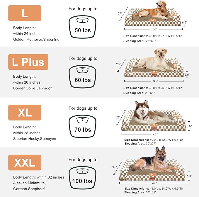 Large Dog Bed Orthopedic Washable: Beds Bolster XXL Bed Big XLarge Dogs Egg Crate Foam Sofa Couch Waterproof Removable Cover - Brown Grid