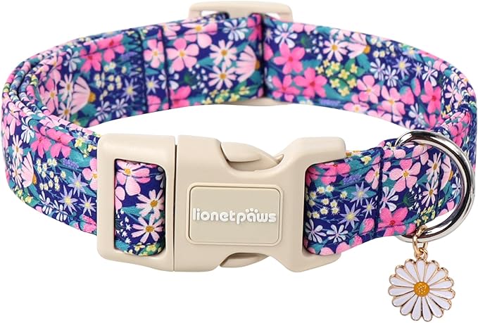 Lionet Paws Floral Dog Collar- Cute Spring Wildflowers Daisy Fleabane Dog Collars with Plastic Buckle,Light Adjustable Dog Collars for Medium Large Dogs