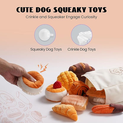 Nocciola 10 PC Dog Squeak Toys - Bread Puppy Toys with Grocery Bag to Keep Them Busy, Small Dog Toys for Boredom, Durable Snuffle Dog Toys for Small Medium Breeds Christmas Stocking Stuffers