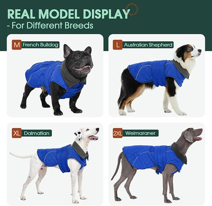 Kuoser Dog Coat Thermal Fleece Lined Dog Jacket, Adjustable Hook & Loop Dogs Coats for Medium Dogs Windproof Reflective Puppy Snow Jackets Pet Cold Weather Clothes with Harness Hole, Blue, M
