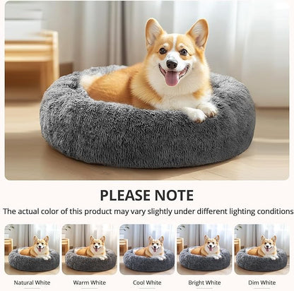 JOLLYVOGUE Calming Dog Bed Medium Size Dog, Anti-Anxiety Donut Medium Pet Bed, 27 inches Fluffy Faux Fur Round Cat Bed (Smoke Black)