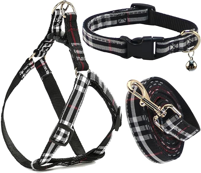 NISIYE Cute Plaid Dog Collar Harness and Leash with Safety Buckle - Adjustable and No Pull Comfortable Dog Collars for Small Puppy, Stylish Durable Gift for Boy Girl Pets