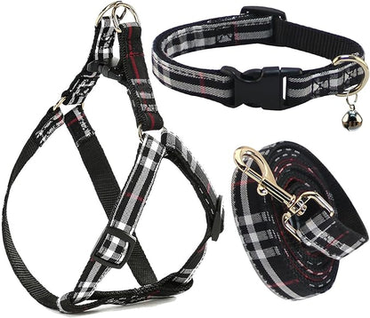 NISIYE Cute Plaid Dog Collar Harness and Leash with Safety Buckle - Adjustable and No Pull Comfortable Dog Collars for Small Puppy, Stylish Durable Gift for Boy Girl Pets
