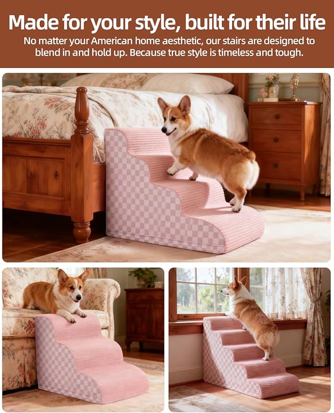 Dog Curved Stairs for High Beds 22" H, 5-Step Pet Stairs for Small Dogs with High Density Foam, Dog Slope Stairs with Durable Non-Slip Bottom Pink