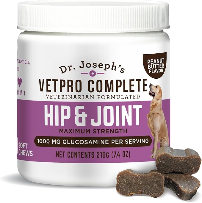 Dr. Joseph's VetPro Complete Dog Hip & Joint Supplement for Arthritis Pain Relief – High-Strength Glucosamine & Chondroitin Chews for Senior Dogs – Vet Formulated, Peanut Butter Flavor, 60 Ct
