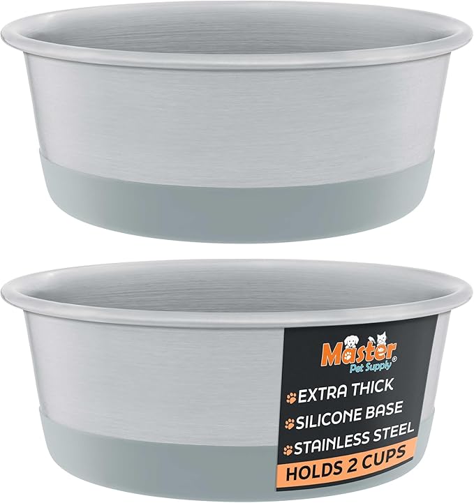 Master Pet Supply Stainless Steel Dog Bowls Set of 2 with Extra Thick Silicone Base - 2 Cup (16 oz) Graphite, Non-Slip, Dishwasher Safe Metal Bowls, Pet Dog Food Bowl for Dogs, Cats, Anti Rust