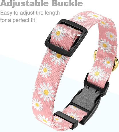 Rnivvi Dog Collar for Small Dogs, Cute Heavy Duty Adjustable Puppy Collar with Quick Release Buckle for Girl & Female, Pet Accessories for Walking Running, XS Length 5/8" Width, Pink Daisy Flower