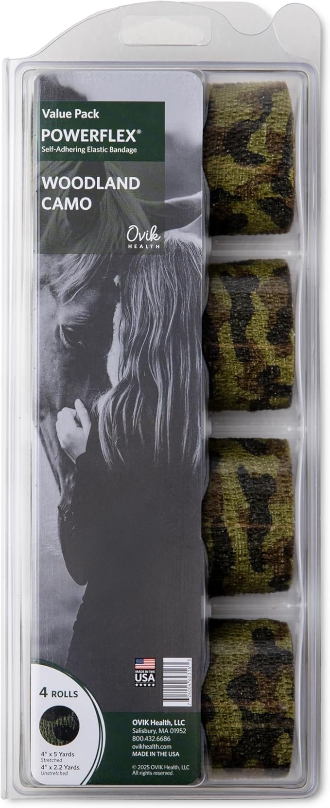 PowerFlex Equine – Extra Strong Self-Adhering Bandage Wrap – Wound Care, Compression & Support Bandage for Horses, Cows & Dogs – Woodland Camo, 4 inch, 4 Rolls (Resealable Case)