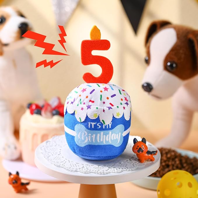 Dog Birthday Cake Toy Accessories for Girl Boy Gifts, Squeaky Plush Toy for Dog Birthday Party Decor Favor for Large, Medium and Small Dogs(5th,Blue)