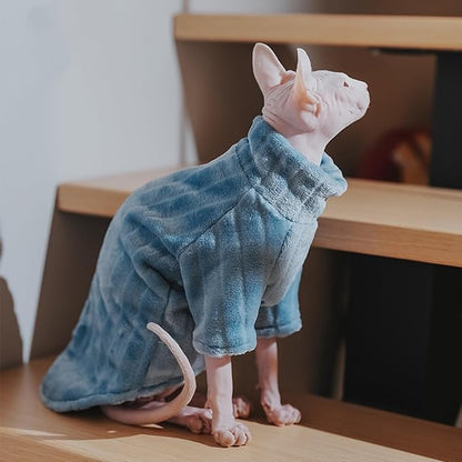 Turtleneck Sweater for Sphynx Cat Soft Coral Fleece Cat Clothes Thick Winter Warm Outfit Coat for Hairless Cats and Small Dogs Apparel with Sleeves (Blue, M (5-7 lbs))