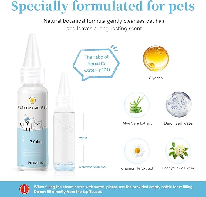 Pet Steam Brush Spray Refill for Dogs & Cats – Concentrated Waterless Shampoo, Pet Comb Leave-In Serum, 3-in-1 Grooming Spray Comb Mist, 1*Shampoo(Steam Brush not Included)