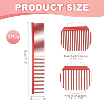 PETAXCELL Dog Cat Comb, Pet Combs Stainless Steel Teeth with Rounded Ends for Knots Mats Loose Hair Removal, 7.5IN (Red Coated, 3 Pack), Grooming Tool Intended for Long Curly Hair Pet