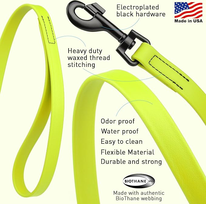 Dogline Biothane Waterproof Dog Leash Strong Coated Nylon Webbing with Black Hardware Odor-Proof Easy to Clean High Performance for Small or Large Dogs Made in USA 4 or 6 ft Lead, Safety Yellow