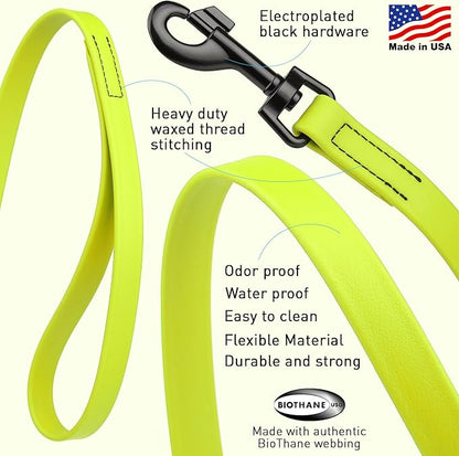 Dogline Biothane Waterproof Dog Leash Strong Coated Nylon Webbing with Black Hardware Odor-Proof Easy to Clean High Performance for Small or Large Dogs Made in USA 4 or 6 ft Lead, Safety Yellow