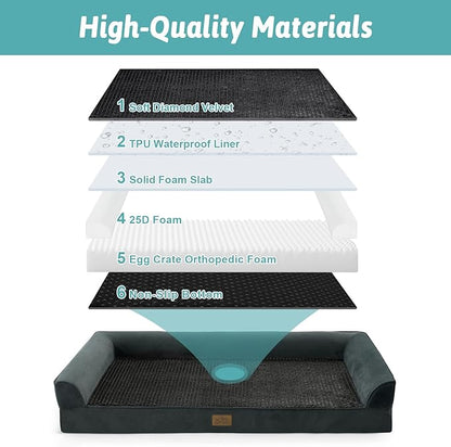 COZY KISS Orthopedic Large Dog Beds, Bolster Pet Couch with Waterproof Lining, Egg Crate Foam Sofa for Pets Up to 65 lbs, U-Shaped, 36x27x6.5 inch, Black