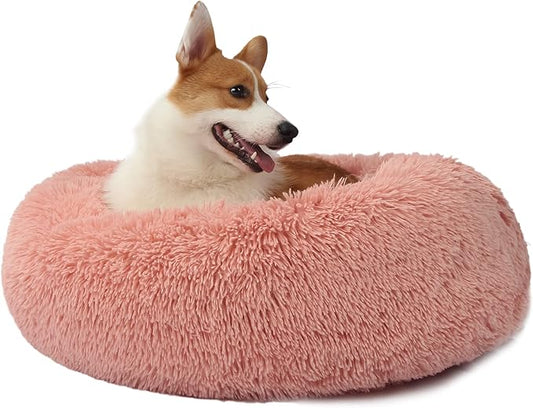 Calming Dog Bed for Medium Dogs Washable Donut 30 inches Anti-Slip Pet Bed,Round Fluffy Plush Faux Fur Cat Bed,Fits up to 45 lbs Pets,Pink