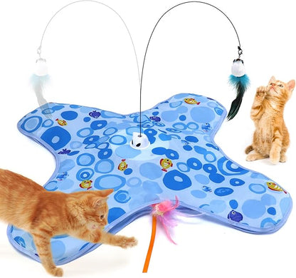DFQ Interactive Cat Toy,3 in 1 Hide and Seek for Indoor Cats, Rechargeable Touch-Activated Moving Feather Wand with Concealed Motion, Play Toy for Kittens and Adult Cats (Blue)