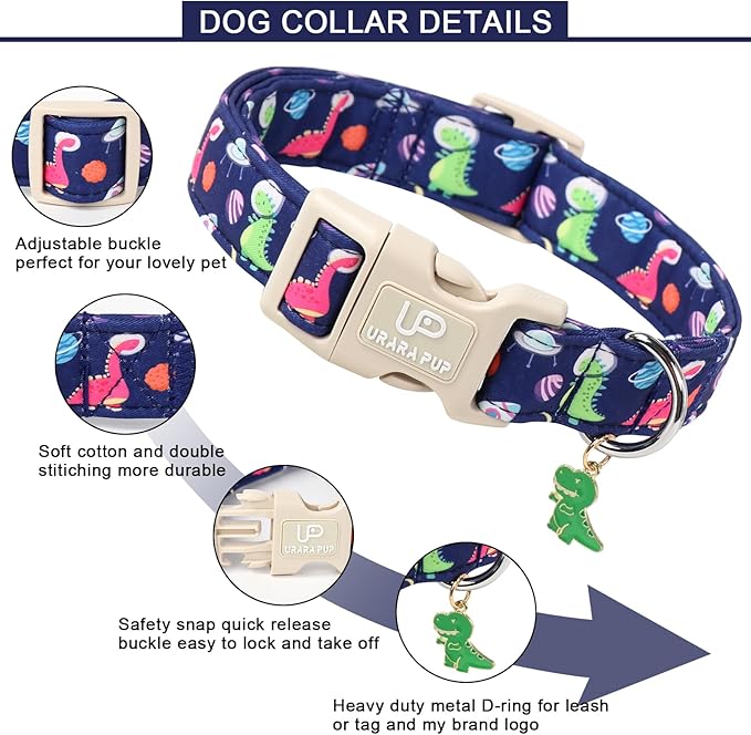 UP URARA PUP Summer Dog Collar-Dinosaur Dog Collars with Planet-Cute Blue Summer Pet Dollar-Soft, Adjustable & Stylish for Small/Medium Dogs