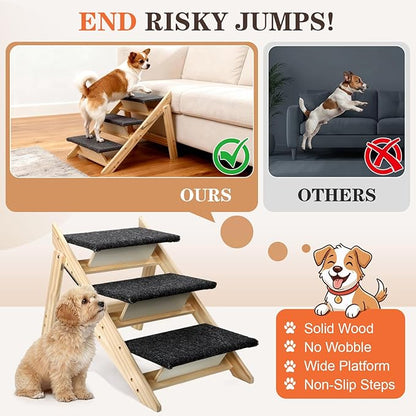 Dog Stairs/Steps, 2-in-1 Foldable Wooden Pet Stairs, Wood Frames and Non-Slip Carpet Suitable for High Beds, Car, Couch, Durable Wooden Dog Stairs for Small Medium and Large Dogs,3 Steps