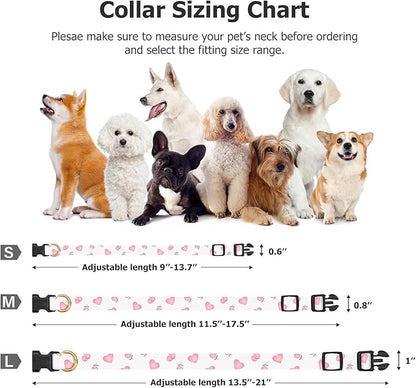 Cotton Handmade Dog Collar Cute and Distinctive Patterns White and Pink Love Heart with Pendant for Girl Boy Dogs Collars M